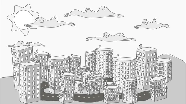 Bulutlar ve güneş altında sessiz bir şehir hakkında yazılmış bir doodle