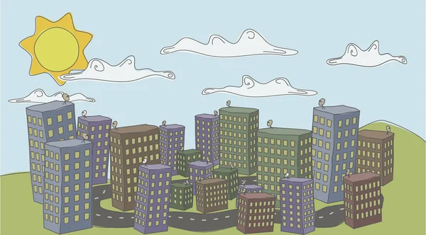 Bulutlar ve güneş altında sessiz bir şehir hakkında renkli bir doodle