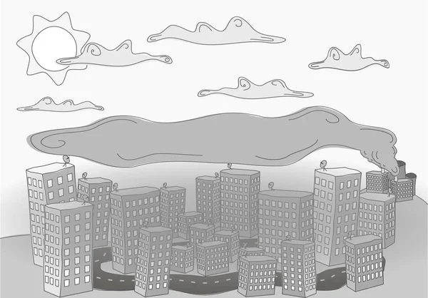 Siyah ve beyaz fabrika nedeniyle, bulutlar ve güneş daha yüksek kirlilik duman altında bir şehir hakkında doodle