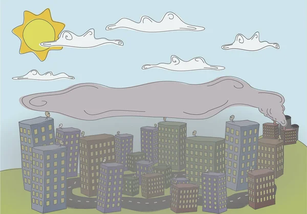Renkli bir doodle kirliliği fabrikası nedeniyle, bulutlar ve güneş daha yüksek duman altında bir şehir hakkında