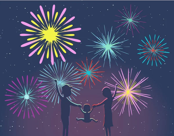 Szczęśliwa Rodzina Rodzice Dzieckiem Okazji Oglądać Kolorowe Lśniące Fireworks Gwiazd — Wektor stockowy