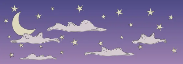 Renkli bir doodle gece gökyüzünde ay, yıldız ve eliyle yapılan bulutlar ile ilgili. Hat sanatı. Vektör Eps 10 çizim.