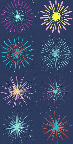 Bohça-in renkli ve sprakling fireworks gece gökyüzünde yıldızlar ile. Pack Set vektör Eps 10 illüstrasyon.