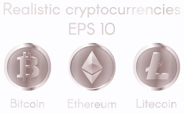 Ethereum (Eth), Bitcoin (Btc) ve Litecoin (Ltc) cryptocurrencies ile gerçekçi bir metal bronz tasarım kümesi. Arka plan ağ para birimi, iş ve ekonomi hakkında. Vektör Eps 10 çizim.