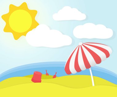 Güneş, beyaz bulutlar, deniz ve bir şemsiye ile plajda afiş tasarımı mükemmel yaz günü tatil hakkında. Güneşli kumsal günü. EPS 10 vektör çizim.