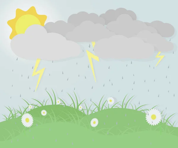 Banner wallpaper about a cloudy day spring with flowers, grass,  grey clouds, sun, rain and thunders. EPS 10 Vector Illustration.