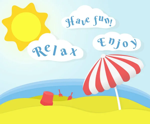 Beach Tatil güneş, beyaz bulutlar, deniz ve bir şemsiye ile motivasyon banner tasarımı mükemmel yaz günü hakkında. Güneşli kumsal günü. Sakin ol, enoy ve eğlenin. EPS 10 vektör çizim.