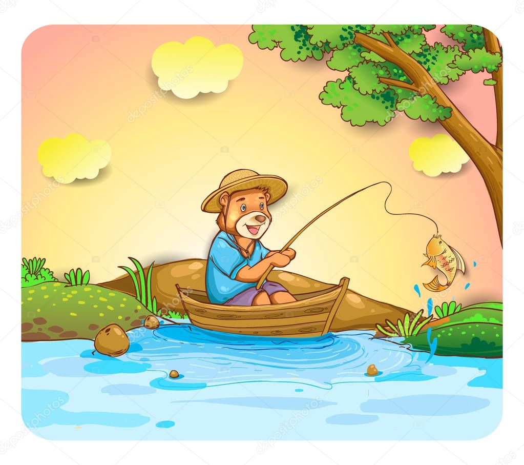 vector illustration design of cartoon bear on boat on blue river