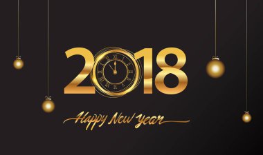 Glitter ve siyah arka plan, altın metin 2018, Bitime vektör öğeleri takvim ve davet için mutlu yeni yıl 2018 tebrik kartı.