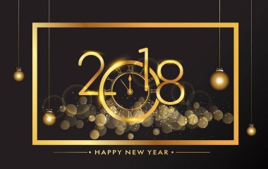 Glitter ve siyah arka plan, altın metin 2018, Bitime vektör öğeleri takvim ve davet için mutlu yeni yıl 2018 tebrik kartı.