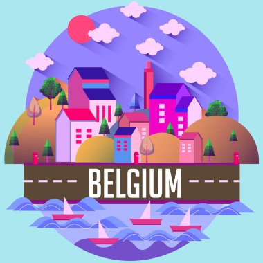 Renkli vektör çizim şehir bina, yol, ağaçlar, dağlar, bulutlar ve metin Belçika