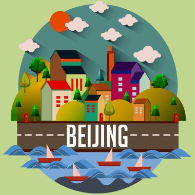 Renkli vektör çizim şehir bina, yol, ağaçlar, dağlar, bulutlar ve metin Beijing
