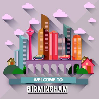 Renkli vektör çizim modern şehir gökdelenler, arabalar, köprü, bitkiler, bulutlar ve metin Birmingham için hoş geldiniz