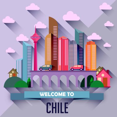 Renkli vektör çizim modern şehir gökdelenler, arabalar, köprü, bitkiler, bulutlar ve metin Şili'ye hoş geldiniz