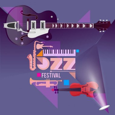 Müzik aletleri ile caz müzik Festivali, afiş arka plan şablonu. Vektör çizim 