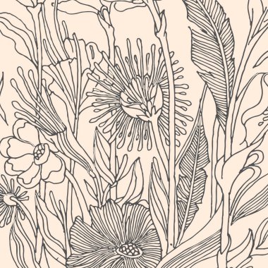 Vektör çizim çiçek Tema için. Çiçek, yaprak ve bitki ile çizilmiş arka plan el