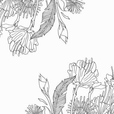 Vektör çizim çiçek Tema için. Çiçek, yaprak ve bitki ile çizilmiş arka plan el