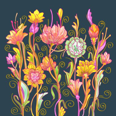 Elle çizilmiş yaz çiçek, kartları, Web siteleri, Davetiyeler, posterler için şık arka plan ile renkli vektör çizim.