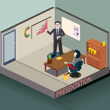 İş toplantısı ve ofis, 3d izometrik ofis tanıtımı. Detaylı iç vektör çizim.