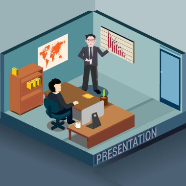 İş toplantısı ve ofis, 3d izometrik ofis tanıtımı. Detaylı iç vektör çizim.