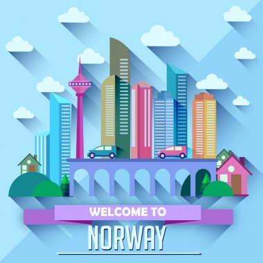 Renkli vektör çizim modern şehir gökdelenler, arabalar, köprü, bitkiler, bulutlar ve metin Norveç'e hoş geldiniz