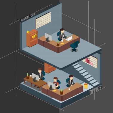 office yöneticileri Odalar 3D izometrik Illustration. Ayrıntılı renkli vektör çizim