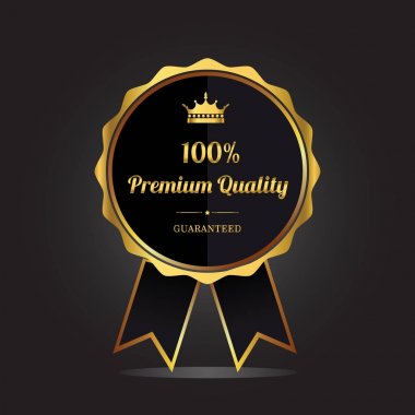 Üstün kaliteli altın etiket taç ve kurdele ile garanti. Vektör çizim siyah arka plan üzerine 
