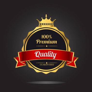 Üstün kaliteli altın etiket taç ve kurdele ile garanti. Vektör çizim siyah arka plan üzerine 