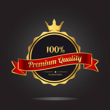 Üstün kaliteli altın etiket taç ve kurdele ile garanti. Vektör çizim siyah arka plan üzerine 