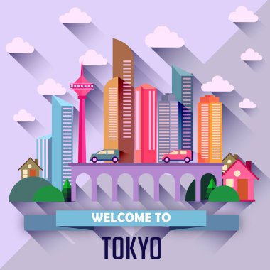 Renkli vektör çizim modern şehir gökdelenler, arabalar, köprü, bitkiler, bulutlar ve metni Tokyo'ya hoş geldiniz
