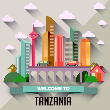Renkli vektör çizim modern şehir gökdelenler, arabalar, köprü, bitkiler, bulutlar ve metin Tanzanya'ya hoş geldiniz