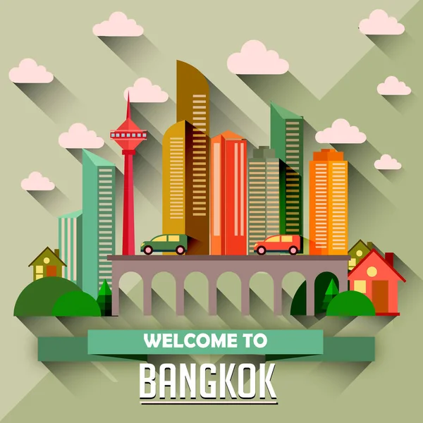 カラフルなベクトル図 近代的な都市の高層ビル ブリッジ 雲およびテキスト バンコクへようこそ — ストックベクタ