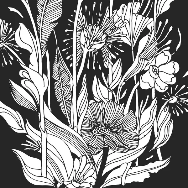 Vektorillustration För Blomstertema Hand Dras Bakgrund Med Blommor Blad Och — Stock vektor