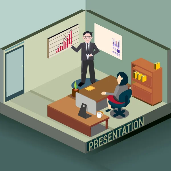 Reunião Negócios Apresentação Escritório Escritório Isométrico Ilustração Detalhada Vetor Interior — Vetor de Stock
