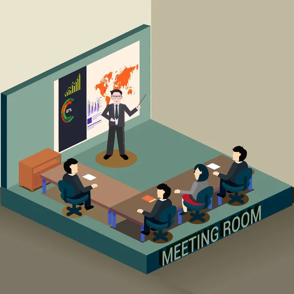Επαγγελματική Συνάντηση Και Παρουσίαση Στο Γραφείο Ισομετρική Λεπτομερείς Εσωτερικών Διανυσματικά — Διανυσματικό Αρχείο