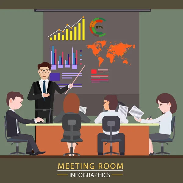 Business meeting and presentation in meeting room. Colorful vector illustration