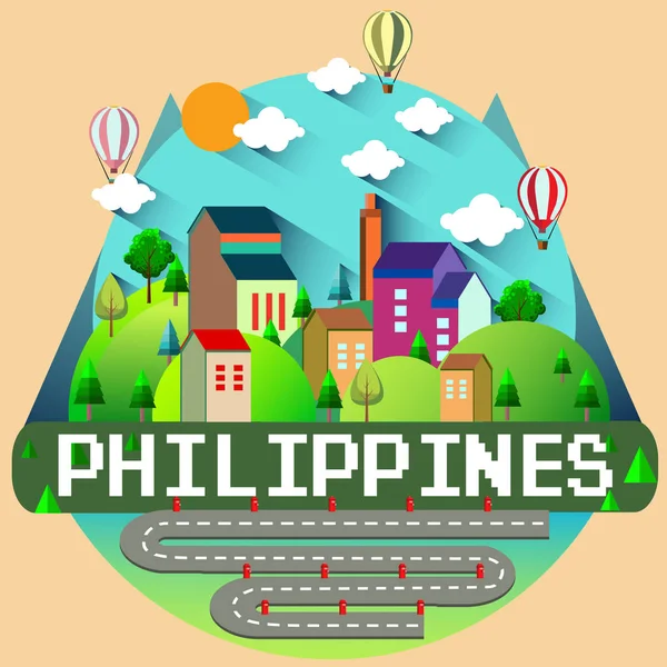 多彩的矢量插图与城市建筑 云和文字菲律宾 — 图库矢量图片