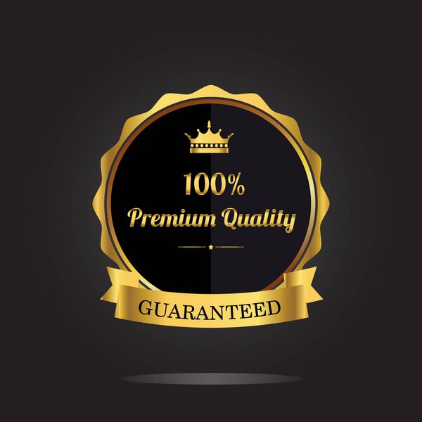 Premium quality guaranteed golden label with crown and ribbon. Vector illustration on black background 