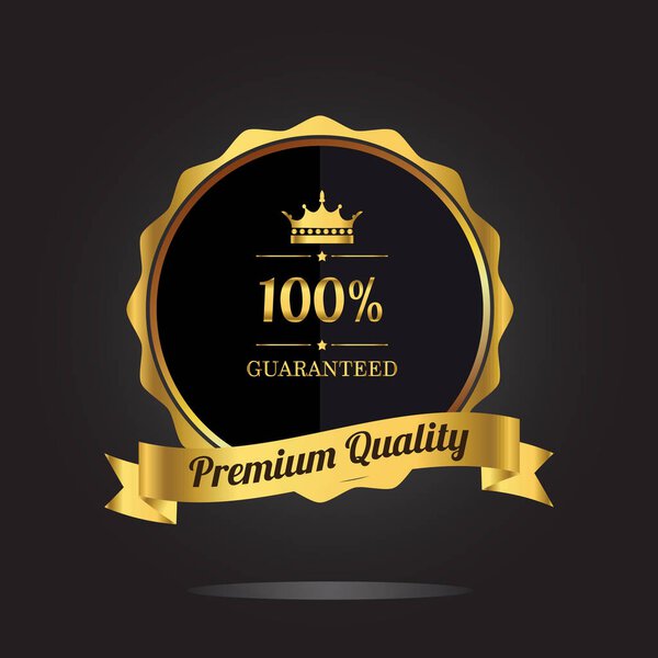Premium quality guaranteed golden label with crown and ribbon. Vector illustration on black background 