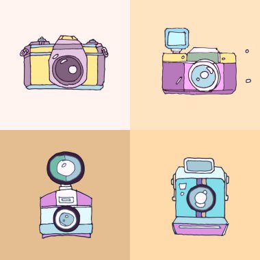 Fotoğraf makinesi kümesi. El çekilmiş fotoğraf makinesi. Çizgi film kamera simgesi. Vektör çizim