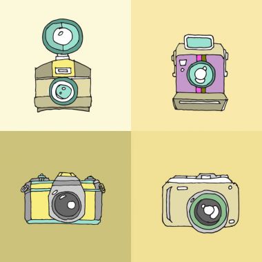 Fotoğraf makinesi kümesi. El çekilmiş fotoğraf makinesi. Çizgi film kamera simgesi. Vektör çizim