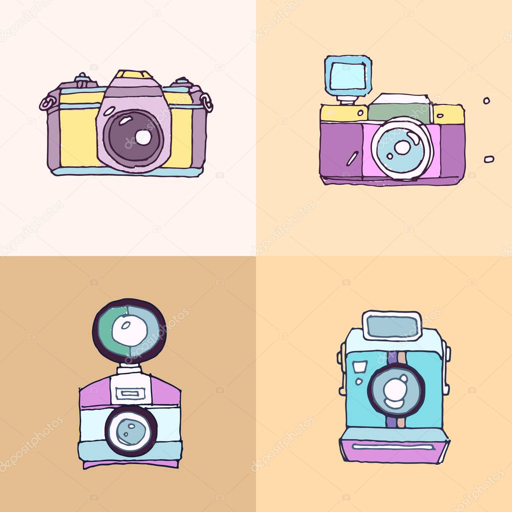 Sets of Photo Camera. Hand drawn photo camera. Cartoon camera icon. Vector illustration
