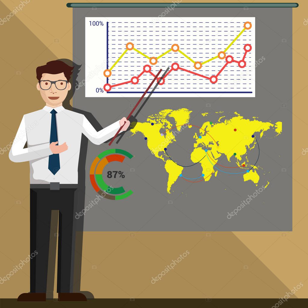 Businessman presentation, with presentation screen and infographic.