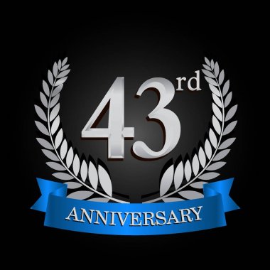 blue ribbon ve defne çelengi, doğum günü kutlaması için vektör şablonu ile 43 yıldönümü logo.
