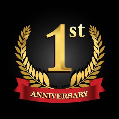 1 altın yıldönümü logosu parlak halka kırmızı kurdele ile.