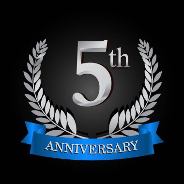 blue ribbon ve defne çelengi, doğum günü kutlaması için vektör Şablon 5 yıldönümü logolu.