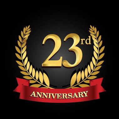 23 altın yıldönümü logosu parlak halka kırmızı kurdele ile.