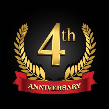 4 altın yıldönümü logosu parlak halka kırmızı kurdele ile.