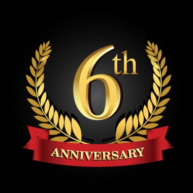 6 Altın yıldönümü logosu parlak halka kırmızı kurdele ile.