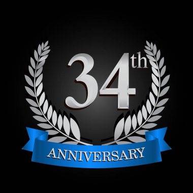 blue ribbon ve defne çelengi, doğum günü kutlaması için vektör şablonu ile 34 yıldönümü logo.